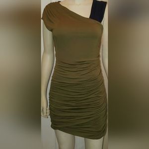 Bar lll Women's One Shoulder Safari Olive Green Ruched Bodycon Dress Size Small